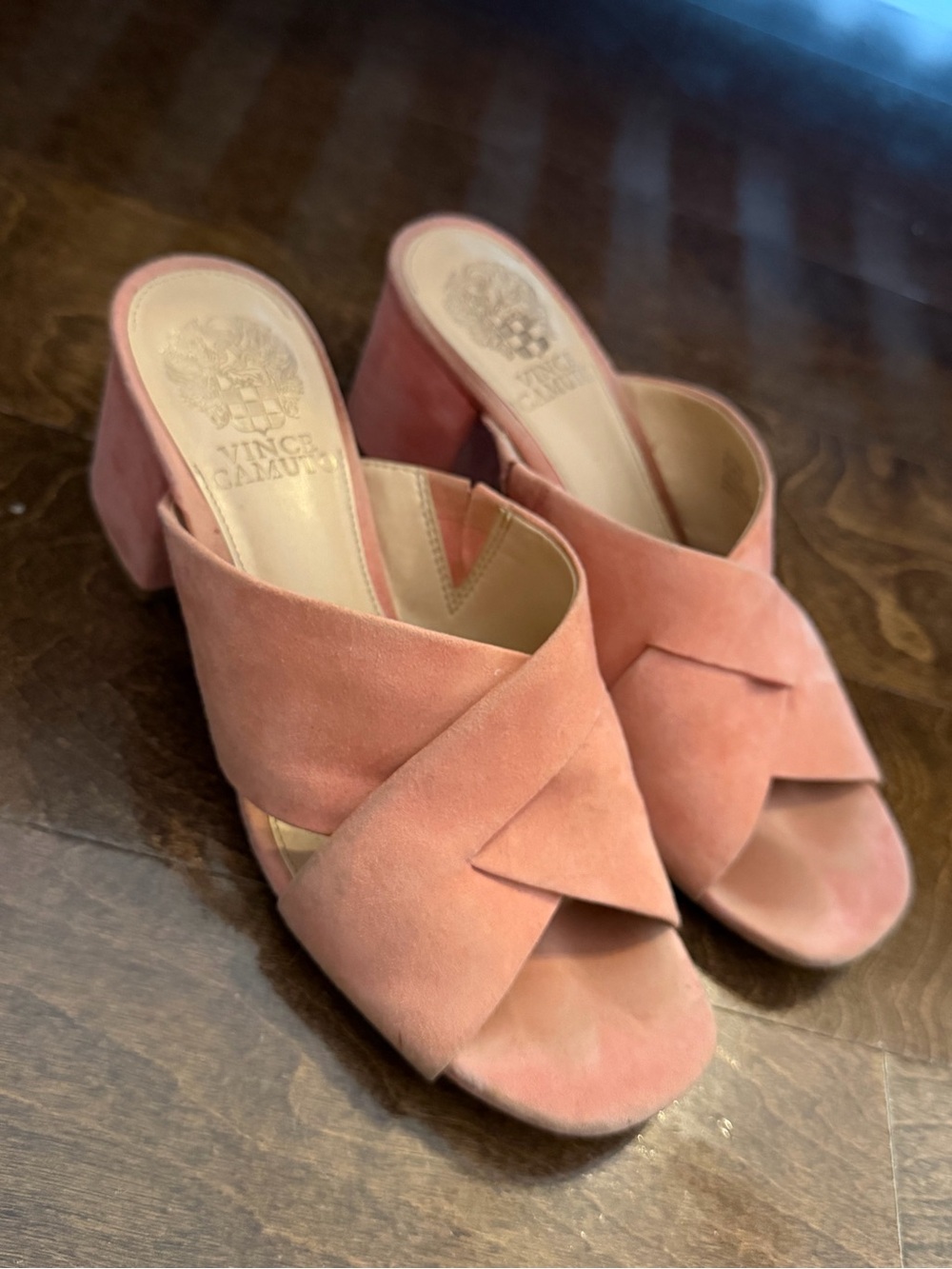 Vince Camuto Rose Pink Suede Crisscross Mule Heels